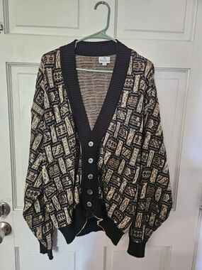 Vtg 80s Neiman Marcus 100% Cotton 3D Geometric Knit Cardigan Grandpa Sweater XL